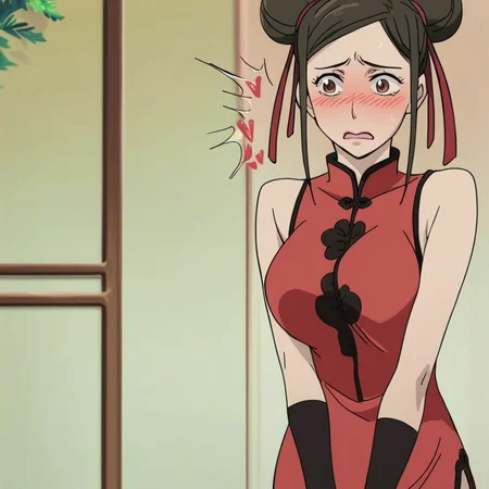 score_9, score_8_up, score_7_up, source_anime, expressive, anime, M1S4K1K1R1H4R4, speedlines, dynamic, hearts, 1girl, brown hair, brown eyes, shy, embarrassed, mouth_open, surprised, covering_privates, china_dress, chinese_clothes, double_bun, dress, hair_bun, red_footwear, side_slit, red_theme, hair, armpit_hair, happy trail, slender, short, large breasts, full-face_blush, blushing