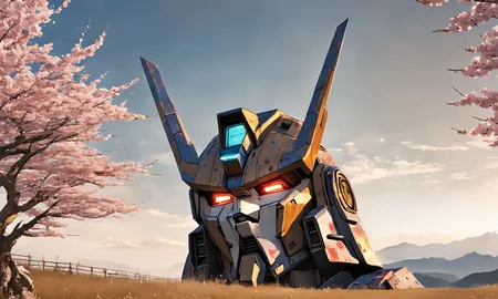 anime image of a gigantic gundam head lying in a field, rusted metal,   best quality, epic landscape, nature, masterpiece, intricate, highly detailed,  cinematic lights, <lora:abslandsdxl:0.7>, abslandsdxl, mountains, cherry blossom trees, mount fuji, flat colors, illustration,