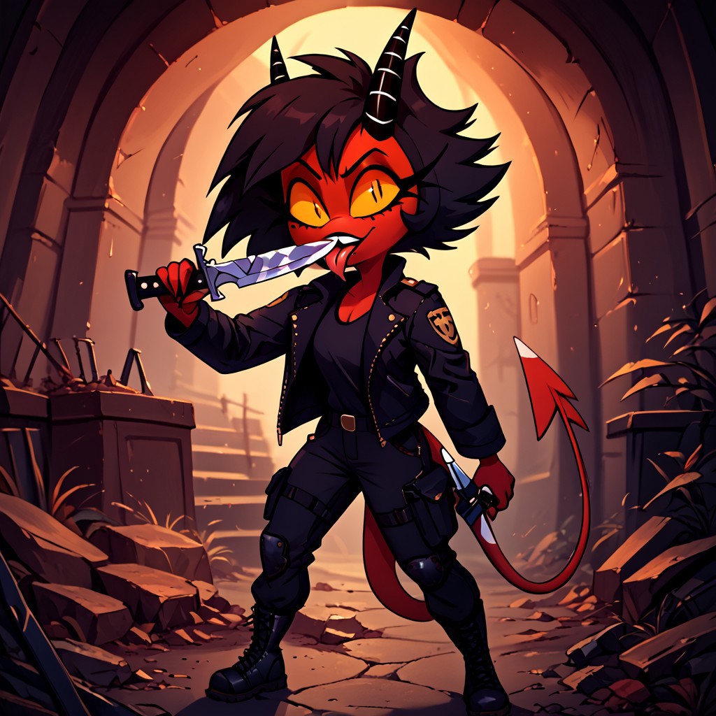 Millie, yellow sclera, slit pupils, red skin, black hair, short hair, horn, demon tail, demon girl, leather jacket, black cargo pants, army boots, KN1F3L1CKV1,licking_weapon, licking_blade,holding_knife, knife, holding_weapon
score_9, score_8_up, score_7_up, score_6_up