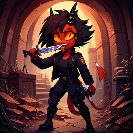 Millie, yellow sclera, slit pupils, red skin, black hair, short hair, horn, demon tail, demon girl, leather jacket, black cargo pants, army boots, KN1F3L1CKV1,licking_weapon, licking_blade,holding_knife, knife, holding_weapon
score_9, score_8_up, score_7_up, score_6_up