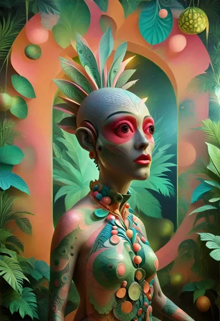 Science fiction Cinematic still, reflected light, Brazilian actress Julcila Telles in modernist tropical rainforest home, watermelon wallpaper by Pucci, 1970s science fiction retrofuturism