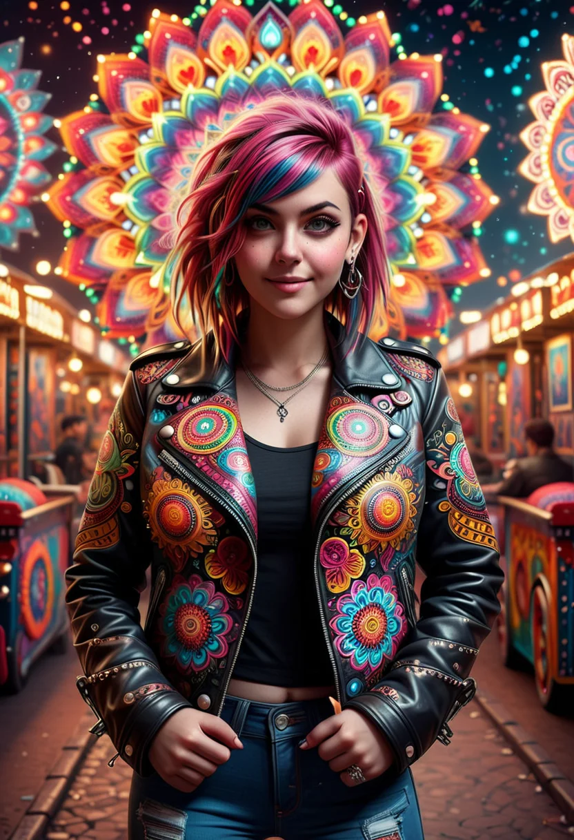 M4ND4L4S, a punk woman wearing a leather jacket made of colorful mandalas, set in a magical fair, with twinkling lights, enchanting rides, whimsical decorations, joyous atmosphere, ,Masterpiece,best quality, raw photo, realistic, very aesthetic