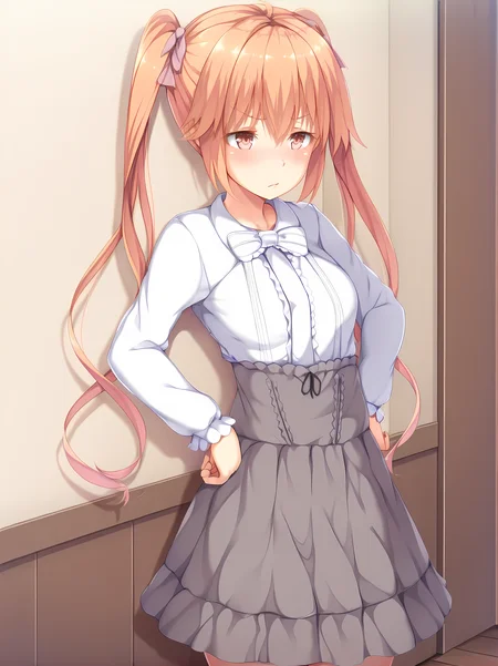 <lora:Kirishima_Reon_-_Yamizome_Revenger_-_Escude:1>,1girl,escude,reon,casual outfit,medium breasts,indoors,standing,simple background,hands on own hips,grey skirt,, masterpiece,best quality,amazing quality,