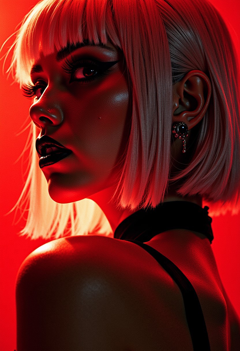 closeup zoomed in portrait of a femme fatale Japanese woman, straight-cut platinum bob, earrings, dark eyeshadow, red lips, choker, seductive, lustful, sultry, choker, silhouetted, professional photography, directional lighting, viewed from the side