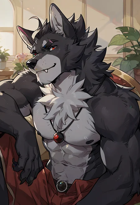 score_9, score_8_up, score_7_up, source_furry, furry, anthro, detailed background, <lora:add-detail-xl:1.0>, <lora:Vulgor:0.8>, furry, 1boy, solo, male, tail, anthro, animal ears, claws, fluffy, vulgor, black necklace, close up, seductive, looking at viewer, muscular, wolf, black body, two-tone body, red eyes, black necklace