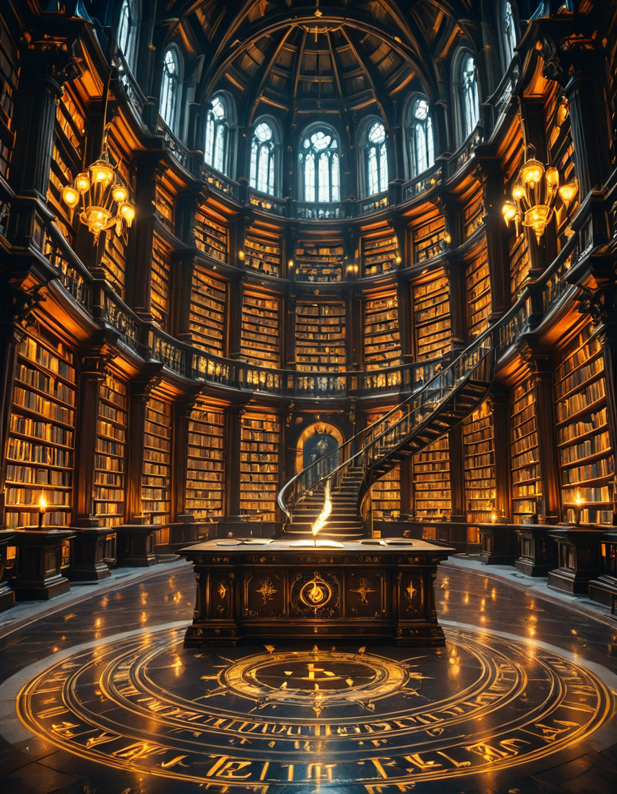 grand enchanted library filled with towering wooden bookshelves that stretch endlessly into the distance, packed with ancient, leather-bound books glowing with mystical runes. The atmosphere is illuminated by floating candles and ethereal blue and golden lights that hover in the air, casting a warm, magical glow. A spiral staircase made of dark oak winds upward, disappearing into the shadows of the high-vaulted ceiling adorned with intricate celestial carvings. Wisps of enchanted mist swirl around the floor, while some books levitate gently from shelf to shelf, as if guided by an unseen force. The air shimmers with dust particles suspended in soft, golden light filtering through stained glass windows, depicting mythical creatures and arcane symbols. The scene is rich in deep, warm tones of mahogany, gold, and sapphire, evoking a sense of wonder, mystery, and timeless knowledge. The image is highly detailed and photorealistic, capturing the textures of the aged books, the glow of magical elements, and the enchanting stillness of this mystical sanctuary of wisdom.
<lora:SDXLFaeTastic2400:0.4> <lora:extremely_detailed:0.4> extremely detailed,<lora:3nch4nt3d_l1br4ry-ill:1>,3nch4nt3d l1br4ry, Masterpiece,best quality,hi res,8k,hi res,8k,award winning,(sharp focus, intricate, highly detailed),