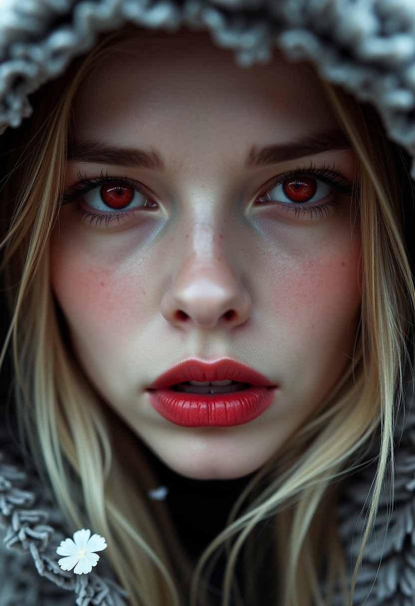A stunning close-up of a blonde woman, gothic fashion , with bright red eyes, moist pink lips, fangs, wearing a fluffy animal ear hood, soft lighting, realistic and delicate facial features, fallen snowpetal, photorealistic rendering. Natural light interplay on skin,Photorealistic shadow softness, Lifelike hair gloss , Photorealistic color grading