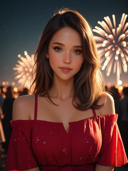 masterpiece, best quality, very aesthetic, dynamic lighting, realistic, 1 woman, solo, cinematic, <lora:JAlbDS:1> JAlbDS, brown eyes, looking at viewer, <lora:MoriiMee_Gothic_Niji_Style_Illustrious_r1:0.5> <lora:Beautiful_Girls_V4:0.5>, out at a fireworks night party, suggestive, cowboy shot, fireworks night, soft light, off-shoulder red dress, spectacular sky, fireworks, magical, people
