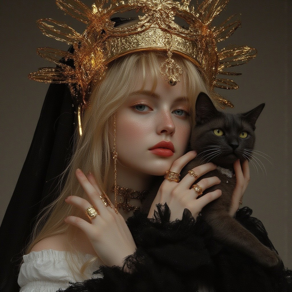 Religious iconography, female figure, blonde hair, holding cat, golden halo, black veil, white dress, ornate details, serene expression, digital art, mystical theme, high contrast, dramatic lighting, intricate design, golden accents, ethereal atmosphere.logoan