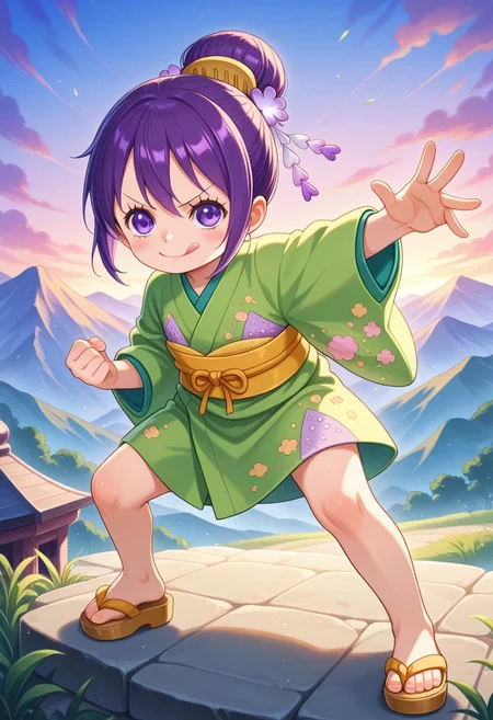 ultra-detailed, ultra-detailed background, ultra-detailed eyes, detailed limb, hair between eyes, outdoors, mountain, 1girl, <lora:Tama_Kurozumi_-_One_Piece__Illustrious:0.8>, child, purple hair, shimada hairstyle, hair bun, purple eyes, eyelashes, one piece wano style, hair ornaments, pink cheeks, green kimono, yellow sash, patched kimono, japanese sandals, loose clothes, fighting stance, detailed toes, v-shaped eyebrows, looking at viewer, licking lips, clenched hands, <lora:hand 5.5_903007:0.1>, well-defined fingers, ultra-detailed fingers, <lora:illustriousXL_stabilizer_v1.7_1135253:0.1>, <lora:spo_sdxl_10ep_4k-data_lora_webui_482964:1>, <lora:Hyper-SDXL-8steps-lora:0.5>, general, masterpiece, best quality, amazing quality, very aesthetic, absurdres,