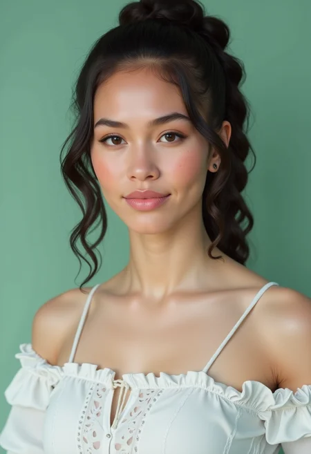 She is approximately 18 years old. Hyperrealism, she is looking at the camera, (dynamic angles), profile headshots of a beautiful, stunning unique female character. she has dark hair,long hair, braid. her eyes are filled with joy and excitement, extravagant eyelashes. a photo of BGv2, she is wearing a white frilly shirt. The woman is posing confidently. simple sage green colored background. She has a slight smile on her face and is looking directly at the camera. making this image a masterpiece of photography and digital art. realistic. making this image a masterpiece of photography and digital art. Style: realistic hyper-detailed rendering, 32k UHD, expressive eyes, punk, graphic design, girl's face, pretty and cute, gleaming lips, telling a tale of adventure. Exuding confidence and serenity. The overall mood of the image is happy and relaxed,detailed skin texture,(blush:0.2),(goosebumps:0.3),subsurface scattering,whimsical,Detailed hand, Perfect hand. Perfection style.