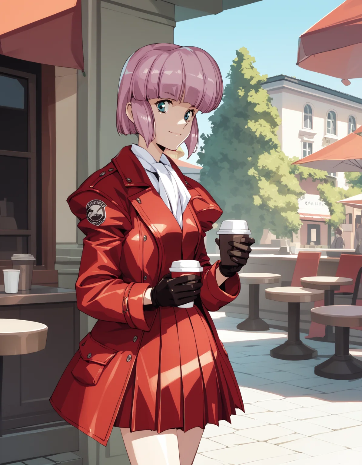 score_9, score_8_up, score_7_up
<lora:diana-silverneil-000030:1> diana silverneil, gloves, long sleeves, pleated skirt, red skirt, puffy sleeves, red coat,
1girl, solo, disposable cup, outdoors, cafe, light smile