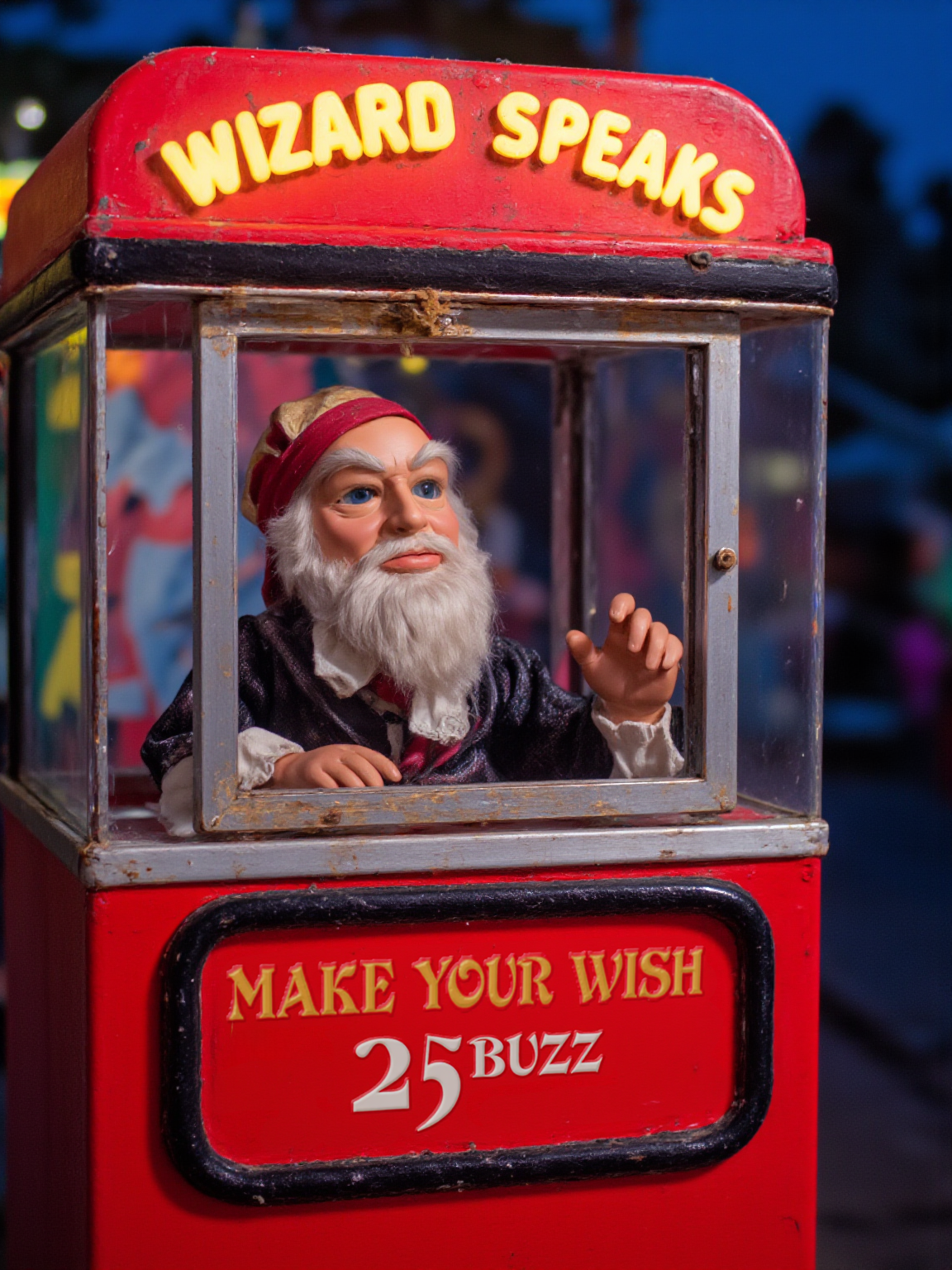 antique fortune teller machine at the amusement park, the machine has an animatronic thunderbird puppet wizard whitebeard inside, neon light sign text reads "Wizard Speaks", on a red metal plaquard below: "Make Your Wish - 25 Buzz"