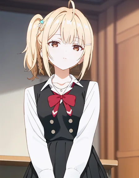 score_9, score_8_up, score_7_up, source_anime, BREAK
1girl, solo, looking at viewer, blurry background, indoors, cowboy shot, from below,
nonoa miyamae, blonde hair, medium hair, side ponytail, sidelocks, hair ornament, hairclip, ahoge, brown eyes,
school uniform, collarbone, necklace, white shirt, long sleeves, red bow, black vest, buttons, pleated skirt,
<lora:nonoa_miyamae_anime-soralz:1>