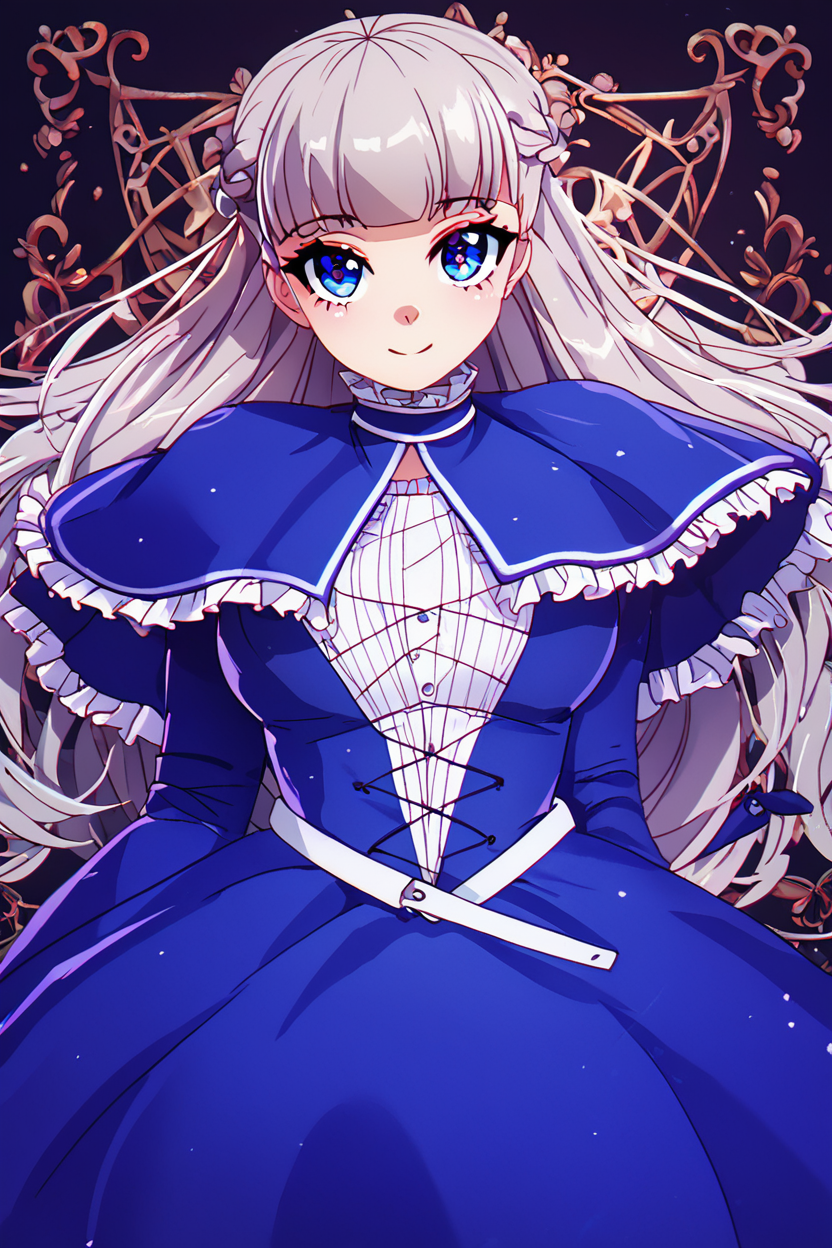 score_9, score_8_up, score_8, medium breasts, (curvy), cute, eyelashes,       BREAK, , zzLawine, long hair, braid, blue eyes, blunt bangs, grey hair, french braid, blue capelet, blue dress, long sleeves, frilled capelet,  <lora:LawineFrieren_PDXL_v1:0.8>, , BREAK, smile, closed mouth, looking at viewer, cowboy shot, ,,, embedding:zPDXL, Expressiveh, ,,, <lora:Konpeto_PDXL_v3:1.0>, <lora:SDXLFaeTastic2400:0.5>, <lora:Expressive_H-000001:0.4>,