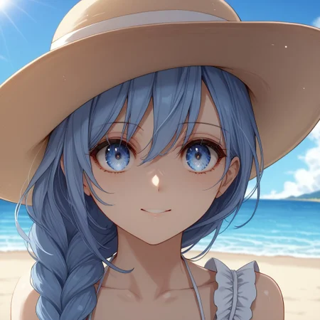 (((1 girl, detail1eye, 26 years old, melf:1, Mature female, Mature Face))), Score_9, score_8_up, score_7_up, HD, Masterpiece, perfect colours, perfect lighting, Solo, long hair, flower ornaments, Pale Blue hair, Blue eyes, Single braid, hat, dress, bare shoulders, collarbone, sleeveless, white dress, sleeveless dress, sun hat, sundress, outdoors, beach, bent over, smile, looking at viewer, solo, cowboy shot, dutch angle,