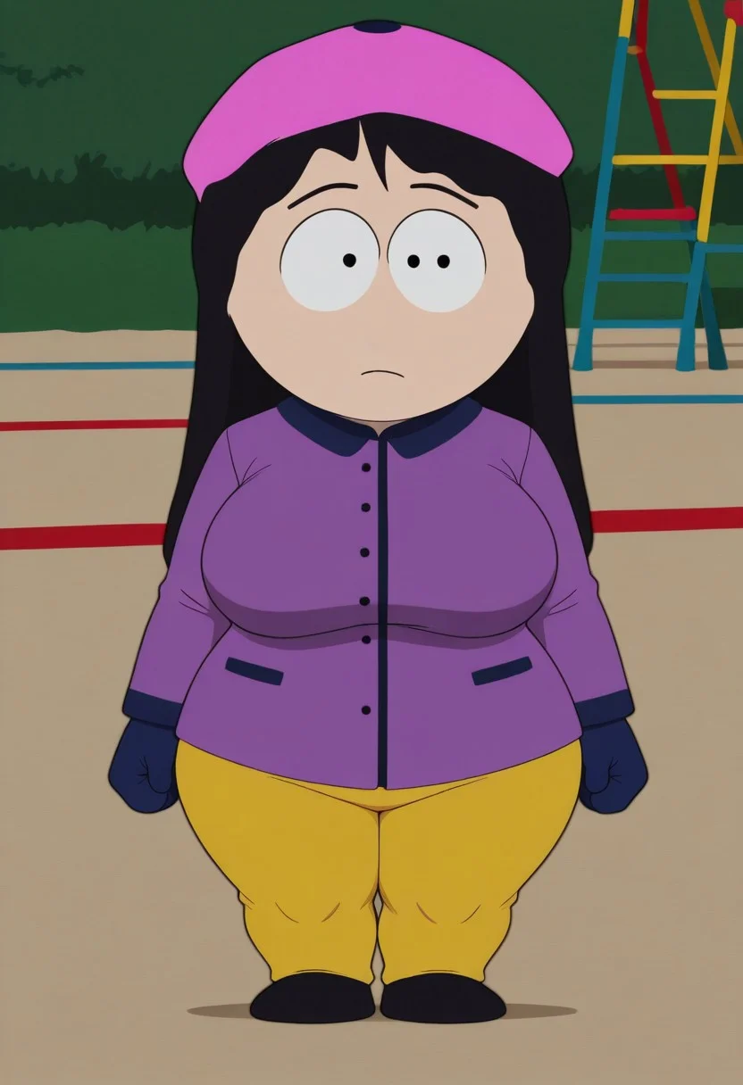 best quality, masterpiece, hi res, Wendy Testaburger from 1girl, solo, 1girl, black dot eyes, long black hair, parody,
pink beret, light purple jacket with a navy blue trim, navy blue gloves, thick thighs, wide hips, large breasts, saggy breasts, looking at viewer,ccurvy, yellow trousers, shortstack,
playground