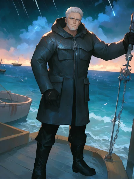 (score_9, score_8_up:1.1), score_7_up, masterpiece, <lora:Indigo_Elder_Limbus_Company:1>, IndigoElder, solo, short hair, gloves, 1boy, jacket, full body, grey hair, grey eyes, open eyes, male focus, boots, black gloves, pants, hood, black footwear, coat, black jacket, scar, black pants, beard, scars on face, zipper, black coat, mature male, standing in boat, ocean in the background, open sea, night, thunderstorm, harpoon in hands, holding weapon, holding