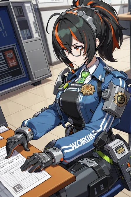 detailed background, shiny skin, posing,
<lora:zenless.il:1>,
zenless,
zhuyuan, 
glasses,
desk, sit, working,