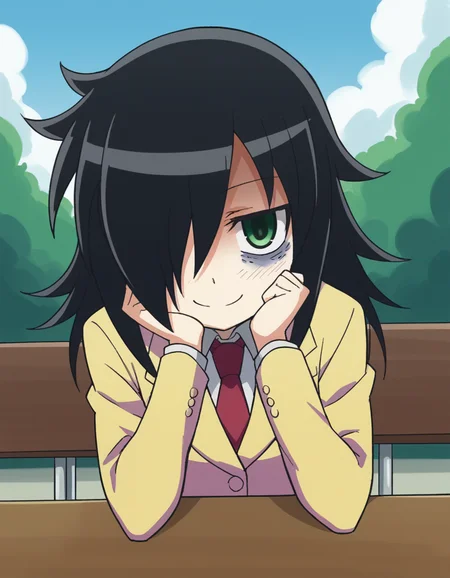 score_9, score_8_up, score_7_up, source_anime, <lora:tomoko-kuroki-s1-ponyxl-lora-nochekaiser:1>, tomoko kuroki, long hair, black hair, green eyes, hair over one eye, bags under eyes,, skirt, school uniform, necktie, blazer,, amphitheater, seats, outdoor, stage, large, smile, sitting, head rest, table,, looking at viewer, solo,, dutch angle, cowboy shot
