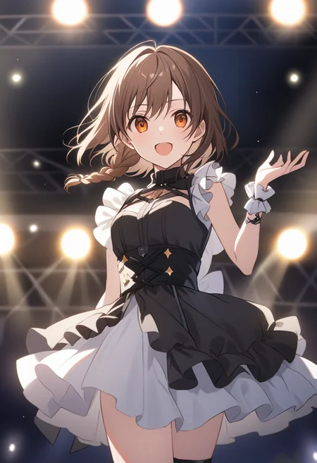 score_9, score_8_up, score_7_up, source_anime, best quality, masterpiece, stage, concert, stage light up, live stage, singing,
human, female, solo, frilly dress, (senkawa chihiro, brown hair, side braid, orange eyes:1.2),
<lora:lora_cosChihhi_xl_v1_pony:0.8>