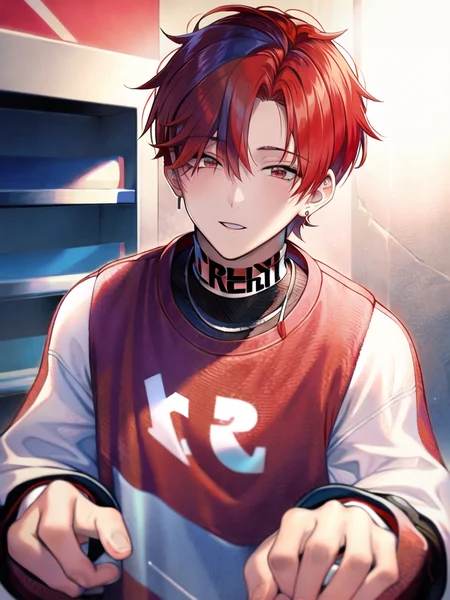 close-up Portrait of a young man , (urban streetwear:1.3), (red hair:1.2), <lora:Kpop Boy:0.8>