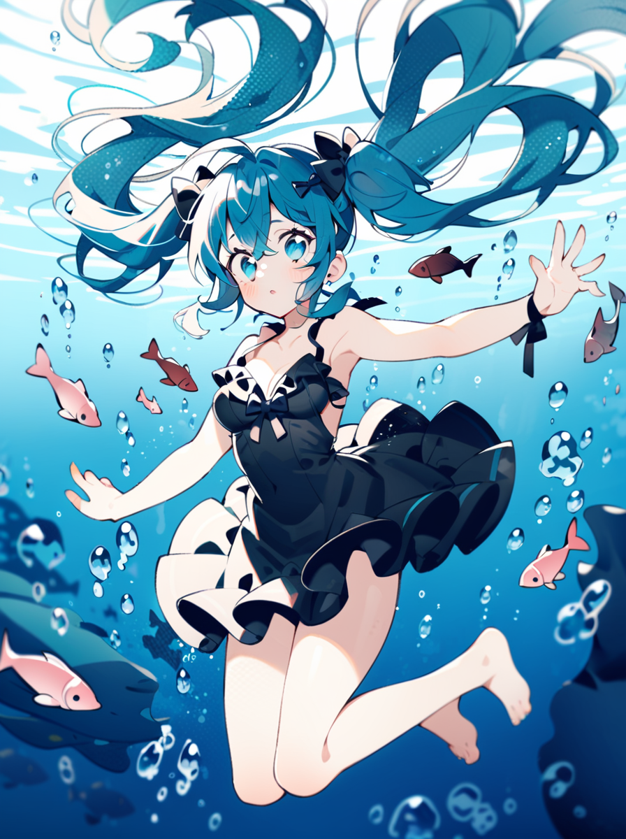 masterpiece, best quality, <lora:style28-xl-a3.1:1>,1girl, solo, dress, long hair, underwater, hatsune miku, twintails, blue eyes, black dress, blue hair, bubble, breasts, air bubble, barefoot, very long hair, parted lips, cleavage, bangs, looking at viewer, sleeveless dress, frilled dress, sleeveless, medium breasts, floating hair, frills, bare arms, bow, ribbon, black bow, bare legs, submerged, hair ribbon, hair between eyes, fish, blue theme, bare shoulders, hair bow, black ribbon
