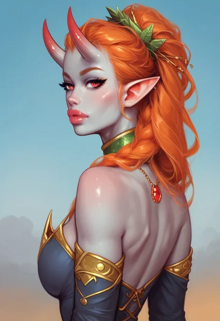 1girl, (((back view))), from front, solo, illustration, comic style, highly detailed, skinny, model body, looking at viewer, masterpiece, best quality,
((fayenchantress, mizora, mizora \(baldurs gate\), mizora \(bg cambion\), 1girl, ashen grey skin, ginger hair, standing, demon girl, looking at viewer, ((grey demon oni horns)), solo, pointy ears, red eyes, demon wings, necklace, dark blue dress, deep cleavage to the waist, full black sleeves, <lora:Mizora_Baldurs_Gate_Cambion_PONY_XL_by_UOC:1.8>))
(young beauty, fit body:1.3), dynamic pose,
BREAK
(((ruined city, blue sky:1.6)))) score_9, score_8_up, score_7_up, score_6_up, source_cartoon, rating_explicit, Expressiveh, ((((upper body))))), dynamic pose