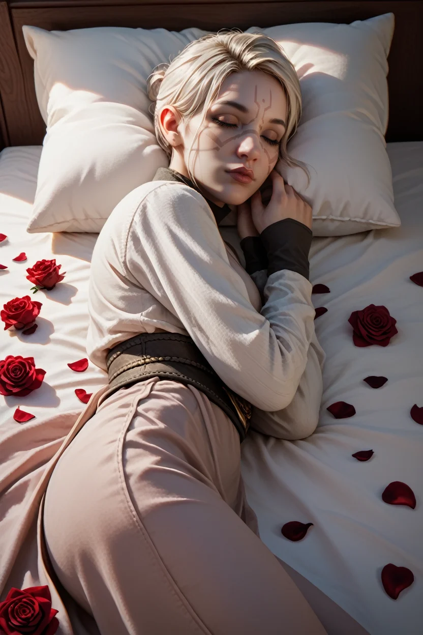 score_9, score_8_up, score_7_up,
<lora:StarMerrin:0.8>
StarMerrin, 1girl, white hair, face paint, brown eyes, looking at viewer, sleeping in a bed, rose petals, closed eyes, full body