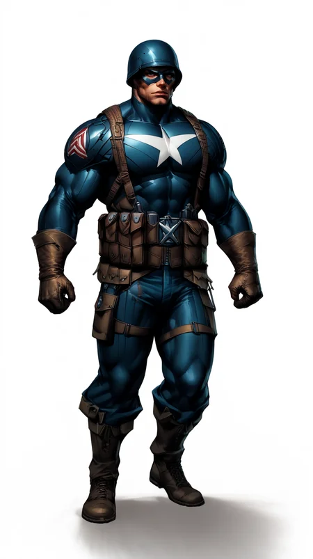 score_9, score_8_up, score_7_up, a man with a strong jaw in a tactical navy blue (muscled superhero costume with green armored highlights:1.2), (m1 helmet:1.4), (superhero domino mask:1.2), leather gloves, laced combat boots, bullet bandolier across his chest, gunslinger belt, huge biceps, (white background:1.2), character design, concept art, detailed face, high Detail, Sharp focus, dramatic, (full body shot:1.2), (solo:1.2), <lora:ArtgermLycoXL:0.5> <lora:c0rb3nXLP:0.5> c0rb3n <lora:detailed_hands:1> hands, <lora:ComicsPonyXL_V2:0.7> Comistyle <lora:WW2_Superhero_Costume:1>
