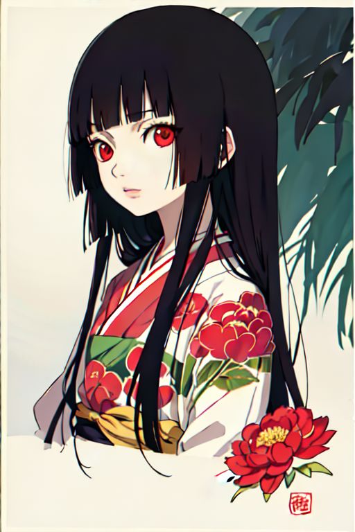enma ai, hair down, hair black, bangs, eyes red, masterpiece, best quality, ultra-detailed, illustration, 1girl, solo, highres, photorealistic, ultra high res, (Original illustration composition), (fusion of limited color,Maximalism artstyle, kimono obi fashion, double exposure, background, illustration, Amazing, lily spider, night darkness, open one's mouth, finger, bouquet flowers red, low twintails, (polychromatic peony:1.15), Movie poster,