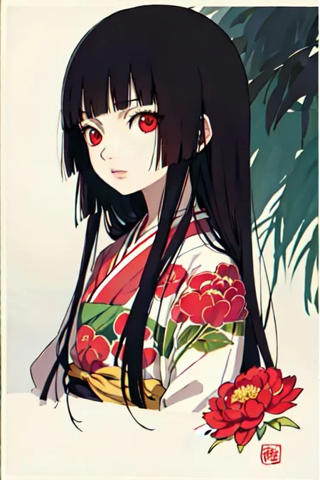 enma ai, hair down, hair black, bangs, eyes red, masterpiece, best quality, ultra-detailed, illustration, 1girl, solo, highres, photorealistic, ultra high res, (Original illustration composition), (fusion of limited color,Maximalism artstyle, kimono obi fashion, double exposure, background, illustration, Amazing, lily spider, night darkness, open one's mouth, finger, bouquet flowers red, low twintails, (polychromatic peony:1.15), Movie poster,