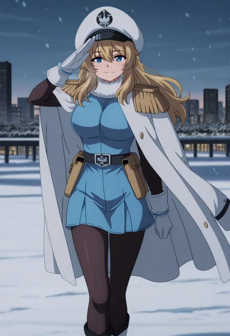 masterpiece,perfect quality,best quality,absolutely eye-catching,absurdres,highres,newest,anime coloring, anime screencap,(1girl,solo),PepeshaHero, blonde hair, long hair, blue eyes, large breasts, epaulettes, military clothing, blue dress, pantyhose, white gloves, white boots, belt, pouch, fur trim, hat, jacket on shoulders, standing, salute, smile, looking at viewer, city, skyline, sunny, snow,