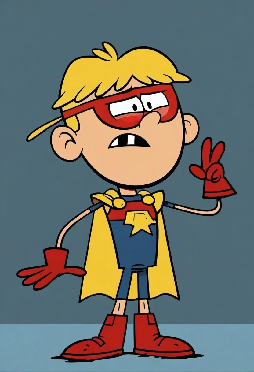 (score_9 | score_8_up | score_7_up) ((masterpiece:1))(best quality,very high quality,ultra detailed:1.2) (2D,cartoon style,anime style)(Smooth:2)(clean blurring) (four fingers on each hand,one thumb on each hand:1), Leif Loud, solo, 1boy, Blonde hair, missing teeth, red baseball cap facing backwards, full body, red blue and yellow super hero costume, blue super hero costume, super hero, red goggles, two side winged headpiece, yellow cape, thick red boots, red glove, 'A' Logo in the middle