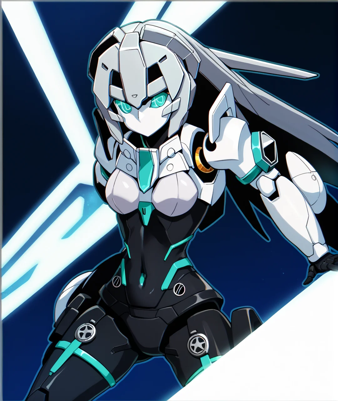 score_9, score_8_up, score_7_up, score_6_up, score_5_up, score_4_up, BREAK source_anime,
<lora:May_PONY:1>,mobile doll may, solo, robot, mecha, no humans,grey hair,glowing eyes,aqua eyes, long hair,covered navel, joints, android,