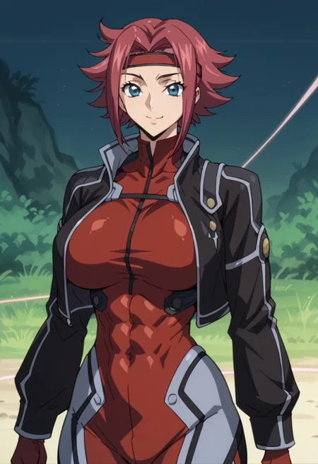score_9, score_8_up, score_7_up, score_6_up, BREAK,
1girl, solo, red hair, short hair, blue eyes, large breasts, Black jacket, red headband, body suit, pilot suit,
torso, beautiful face, (revealing clothes), (tight outfit: 1.3), tall girl, sexy smile, abs, very fit, muscles, toned, huge breasts, slut, whore, round breasts, breasts together,
