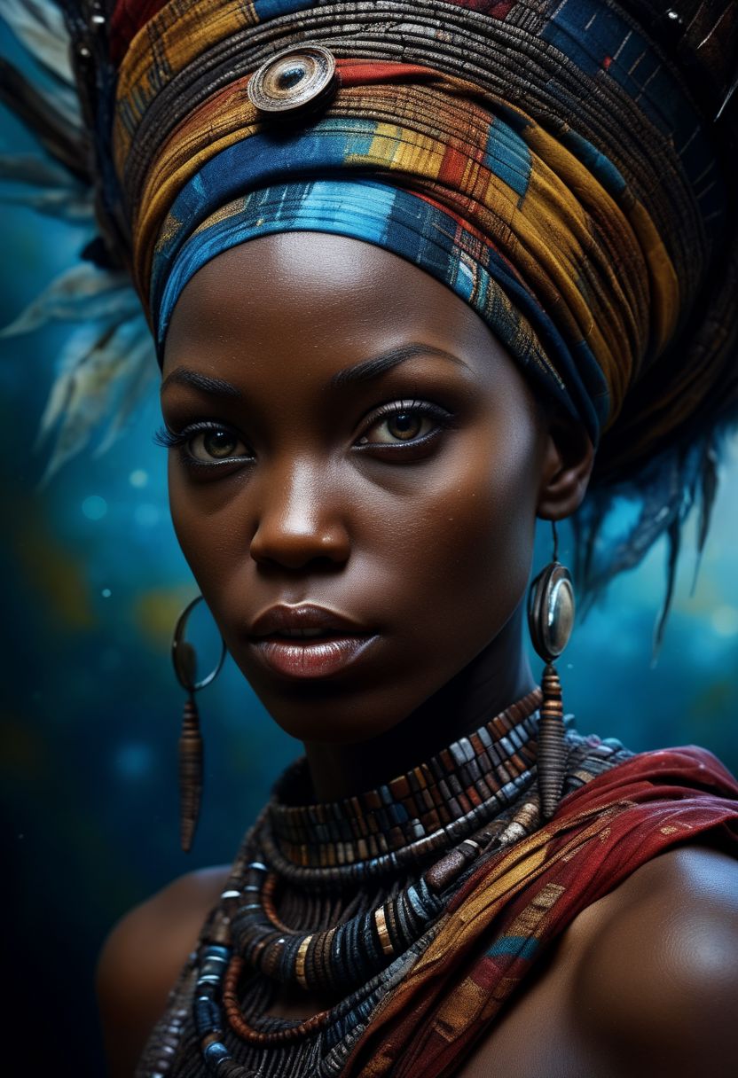 Close-up face, make-up, mysterious african woman in traditional clothing, goddess, alluring, by Minjae Lee, Carne Griffiths, Emily Kell, Steve McCurry, Geoffroy Thoorens, Aaron Horkey, Jordan Grimmer, Greg Rutkowski, amazing depth, double exposure, surreal, intricately detailed, bokeh,  perfect balanced, deep fine borders, artistic photorealism , smooth,  great masterwork by Suiras  <lora:add-detail-xl:2>  <lora:Double_Exposure:0.5>
