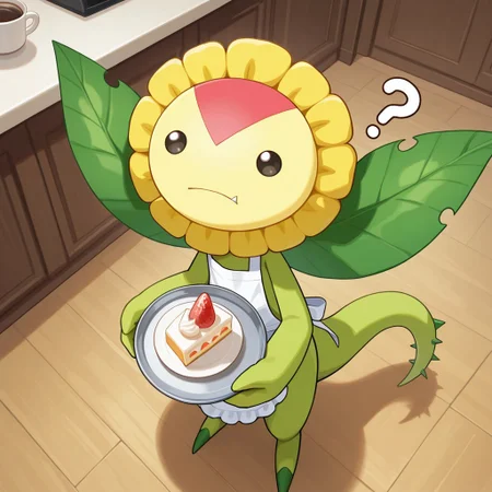 2d, solo, Sunflowmon, Digimon (creature), flora fauna, flower creature, no sclera, black eyes, simple eyes, bipedal, flower head, yellow petals on head, green body, tail, tail spikes, leaf wings, single fang,
BREAK indoors, from above, looking up, holding tray of coffee and cake, question mark, ?, white apron, standing
BREAK best quality, amazing quality, very aesthetic, absurdres, newest, masterpiece, high quality