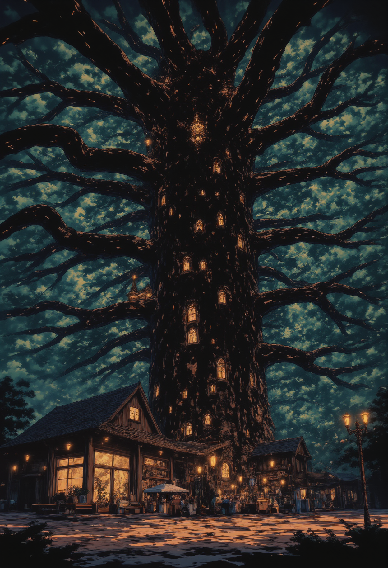 A massive tree with a trunk as wide as a house, with homes and shops built into its branches and lights glowing from the windows.,
 <lora:NeonFantasyFLUX:1>, ne0nfant4sy