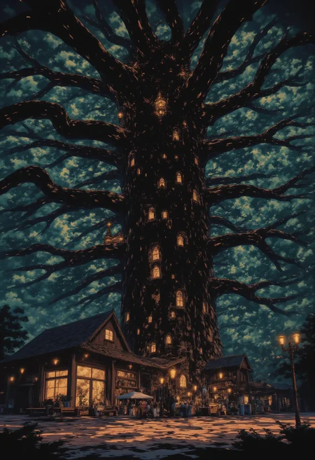 A massive tree with a trunk as wide as a house, with homes and shops built into its branches and lights glowing from the windows.,
<lora:NeonFantasyFLUX:1>, ne0nfant4sy
