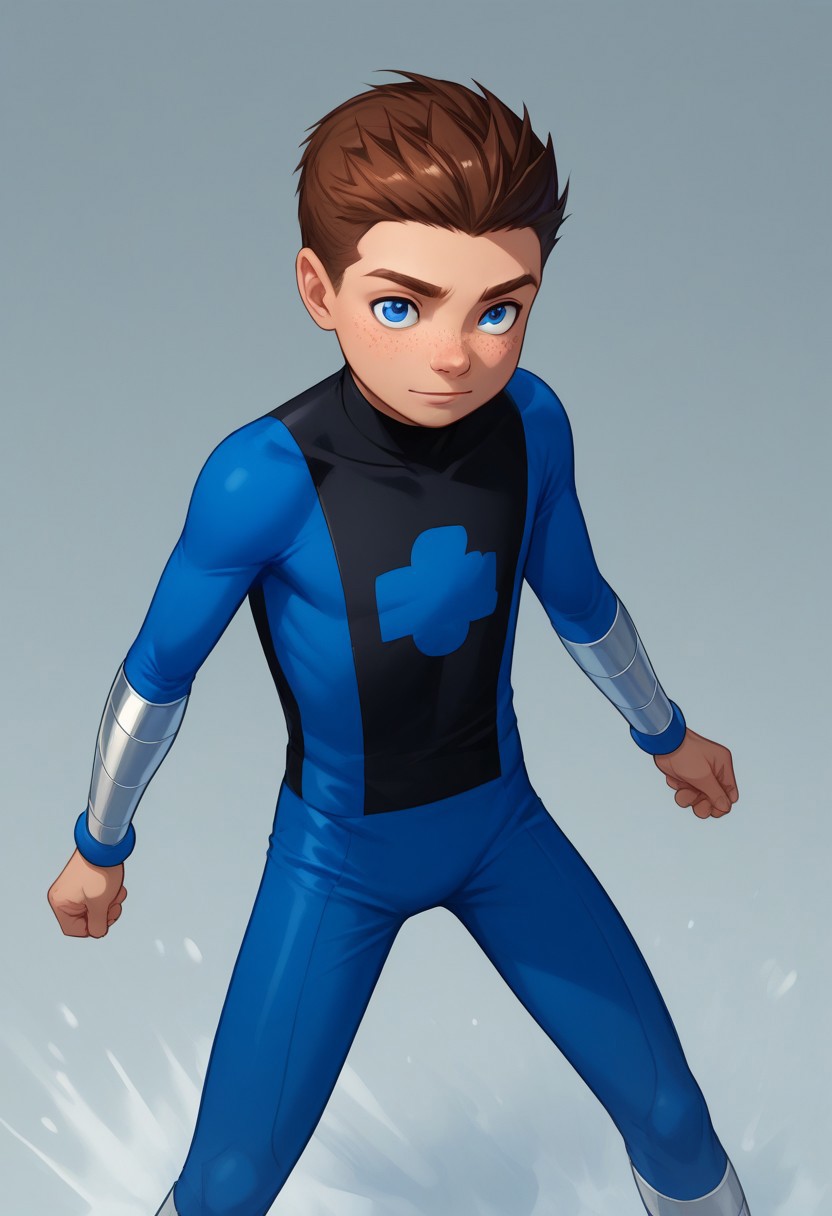 score_9, score_8_up, score_7_up, highly detailed, cute boy, 1boy, solo, young, Jack Power, Blue Eyes, Brown Hair, Freckles, Mass Master, Blue and Black Bodysuit, excessive fog