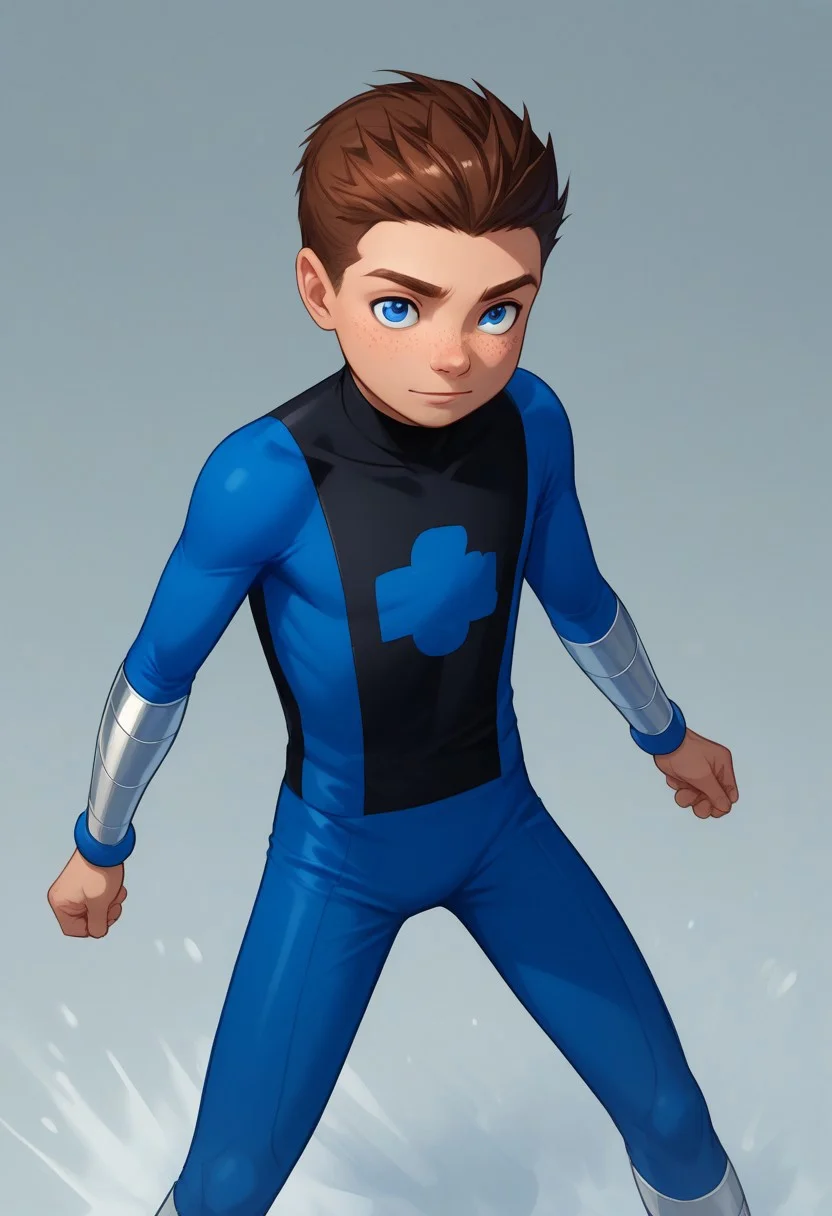 score_9, score_8_up, score_7_up, highly detailed, cute boy, 1boy, solo, young, Jack Power, Blue Eyes, Brown Hair, Freckles, Mass Master, Blue and Black Bodysuit, excessive fog