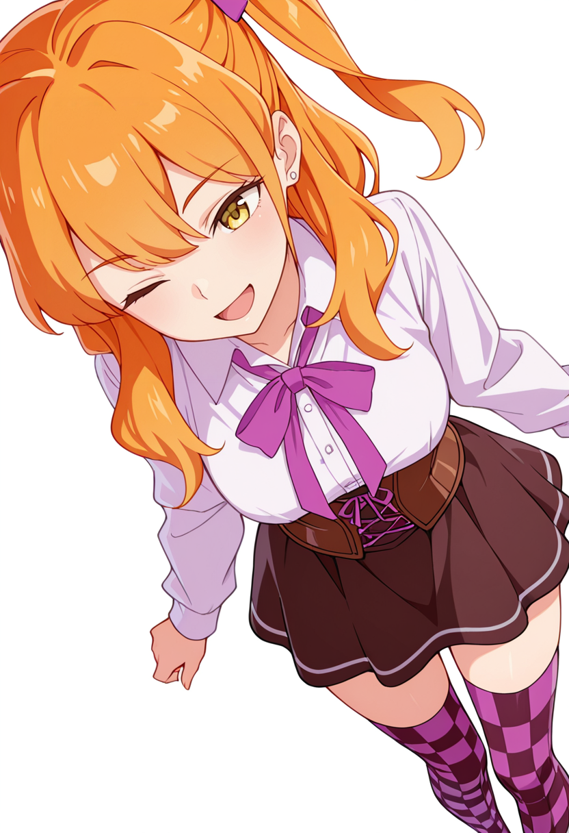 masterpiece,high quality details,absurdres, 
 <lora:Chibana_Sumika:0.8>
sumika_cnr, 1girl,orange hair, long hair, yellow eyes,one side up, bangs,stud earrings,, simple background, white background, dynamic angle,solo,, ;d,, corset top  ,dress shirt,short skirt,,checkered legwear thighhighs,