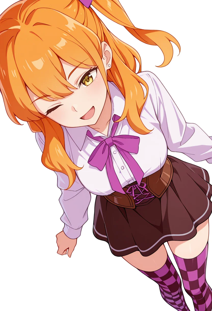 masterpiece,high quality details,absurdres,
<lora:Chibana_Sumika:0.8>
sumika_cnr, 1girl,orange hair, long hair, yellow eyes,one side up, bangs,stud earrings,, simple background, white background, dynamic angle,solo,, ;d,, corset top ,dress shirt,short skirt,,checkered legwear thighhighs,