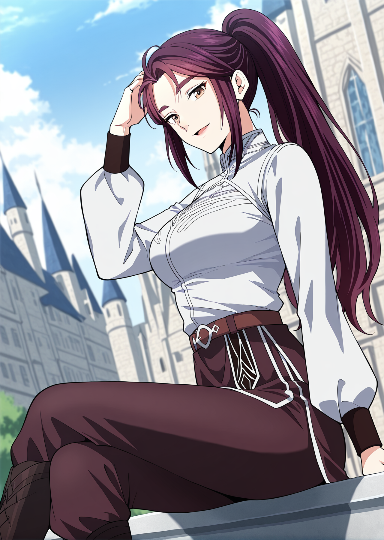 <lora:Vanesy_Glory__The_Beginning_After_the_End__Illustrious:1>
1 girl, solo, brown eyes, purple hair, long hair, ponytail, sidelocks, thick eyebrows, 
uniform, white shirt, long sleeves, belt, boots, ring
score_9, score_8_up, score_7_up, very aesthetic, source_anime, detailed, high quality, beautiful, masterpiece, detailed eyes, castle, village, blurry background, cityscape, pose dynamic angle, light smile, open mouth, hand on hair, sitting