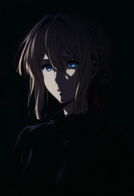 1girl,Violet Evergarden (Violet Evergarden), solo, dark, light, masterpiece, best quality, very aesthetic, close up,  parted lips