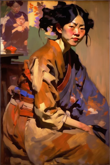 <lora:Lovis Corinth Style:1>Lovis Corinth Style - a very messy, very quickly painted, impasto portrait by both Frank Brangwyn and John Singer Sargent of 4 very beautiful, seated Korean Japanese women wearing expensive old, elegant sienna and cornflower kimonos