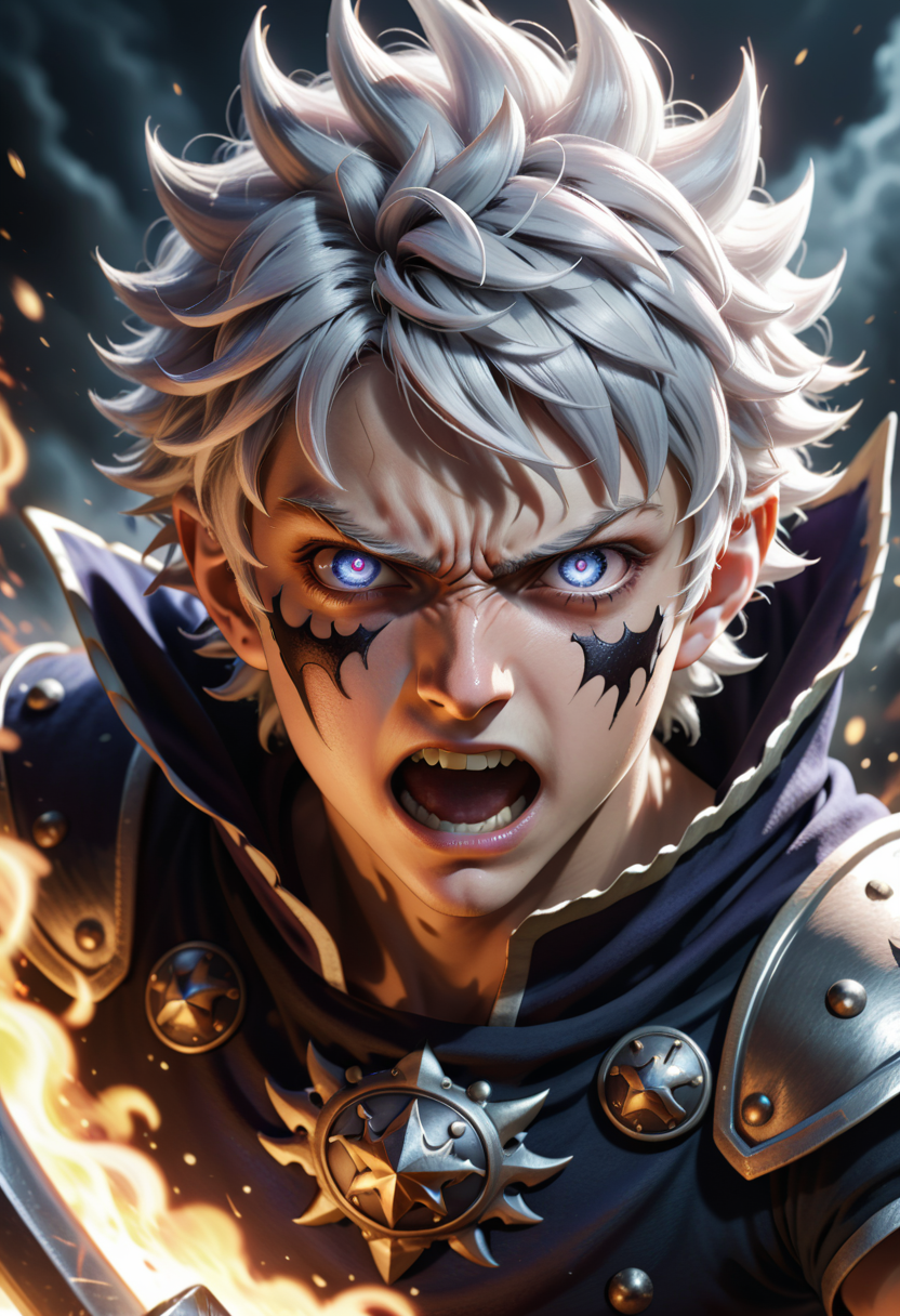 black clover asta  ,  having his final battle, closeup shot, he is angry, realistic photo, 8k, perfection,  simi realiality. white hair