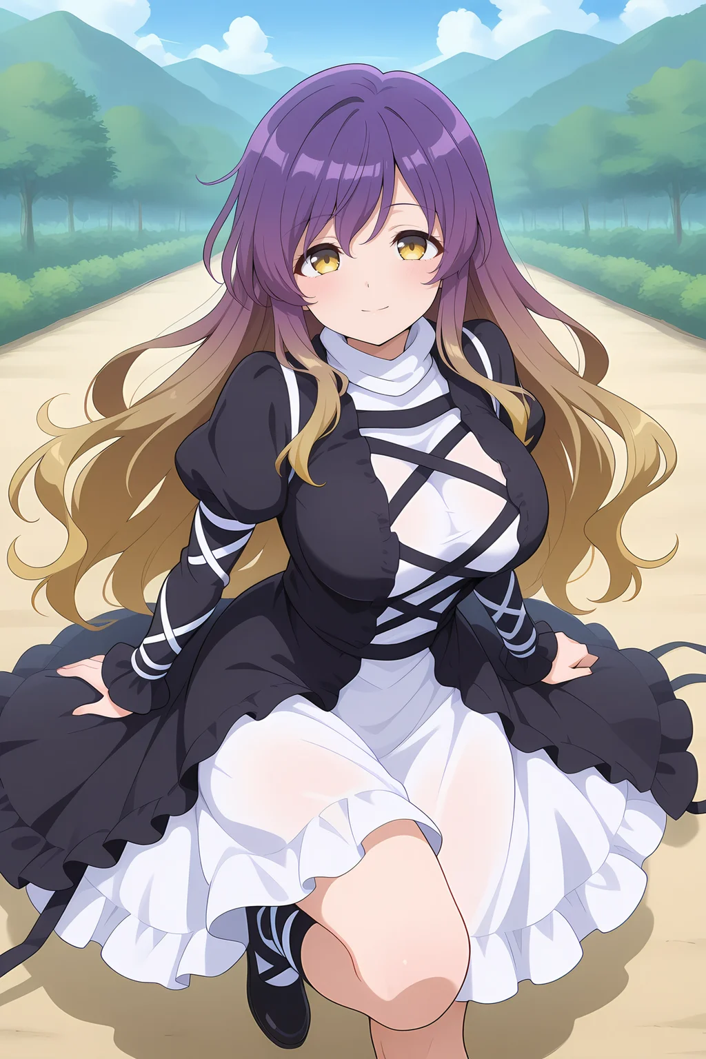 absurdres, highres, masterpiece, best quality, amazing quality, official anime artwork, screencap, anime screencap, outdoors, looking at viewer, light smile, dynamic pose,
<lora:Byakuren-Hijiri_Illustrious:1> hijiri byakuren, 1girl, solo, yellow eyes, purple hair, long hair, multicolored hair, gradient hair, breasts,, layered dress, white dress, black dress, cross-laced clothes; long sleeves, puffy sleeves, frilled skirt, black footwear,