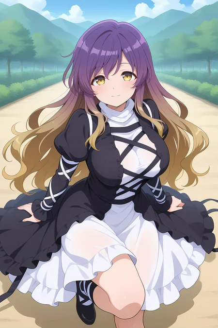 absurdres, highres, masterpiece, best quality, amazing quality, official anime artwork, screencap, anime screencap, outdoors, looking at viewer, light smile, dynamic pose,
<lora:Byakuren-Hijiri_Illustrious:1> hijiri byakuren, 1girl, solo, yellow eyes, purple hair, long hair, multicolored hair, gradient hair, breasts,, layered dress, white dress, black dress, cross-laced clothes; long sleeves, puffy sleeves, frilled skirt, black footwear,